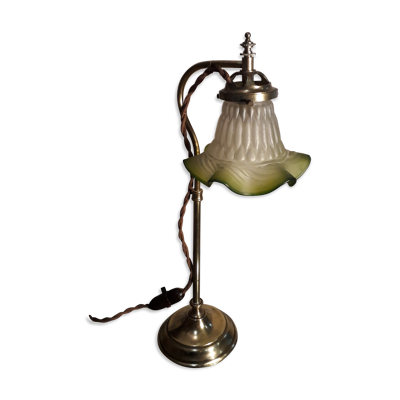 Lampe reglable laiton style art déco en laiton et tulipe vert en verre moulé 1920, h55xl17
