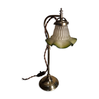 Lampe reglable laiton style art déco en laiton et tulipe vert en verre moulé 1920, h55xl17