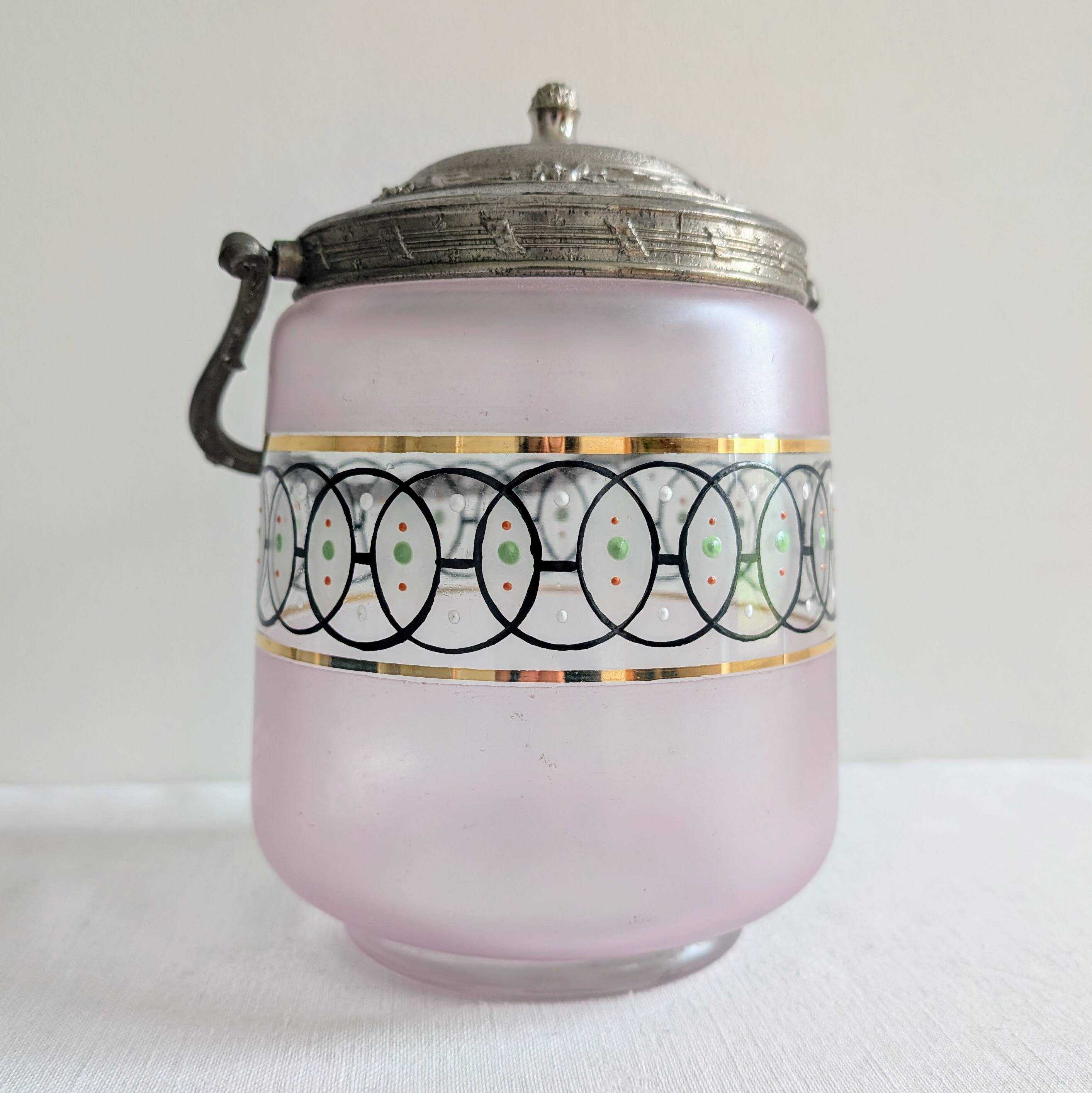 Antique glass bonbonnière in frosted violet with metal mount – Art Nouveau style