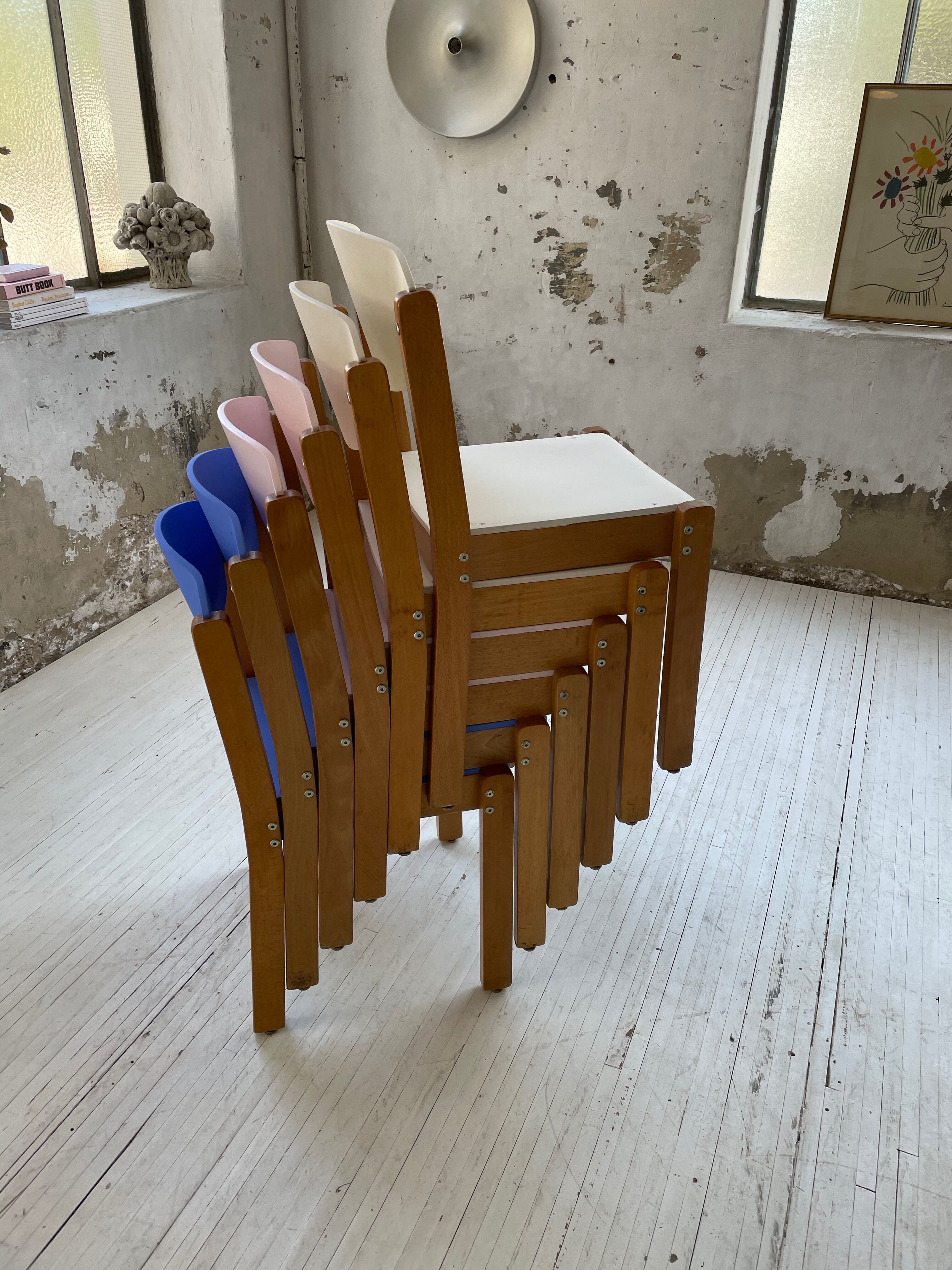 6 colorful 80s beech chairs