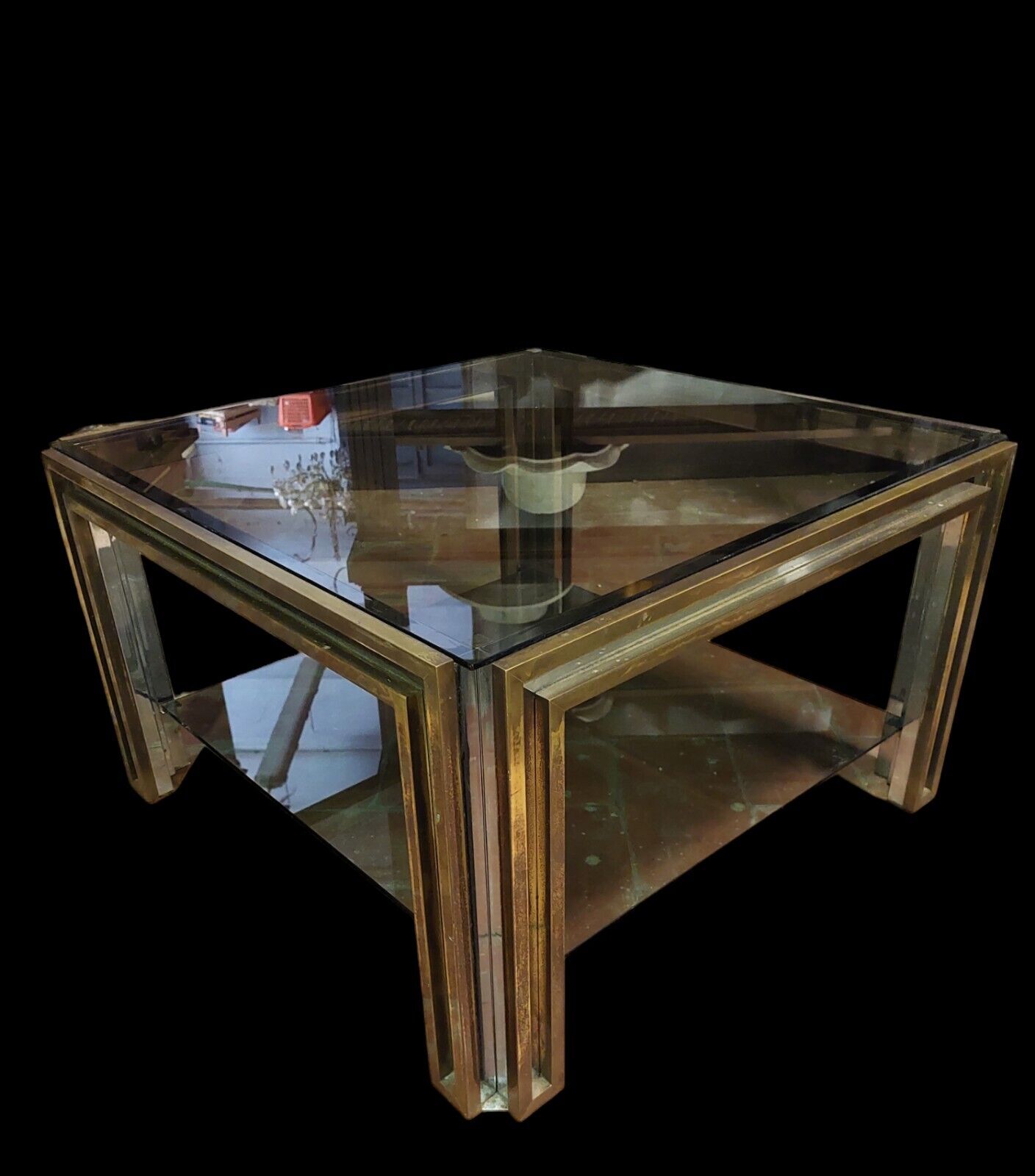 Smoked coffee table, brass, chromed metal, glass, 70s