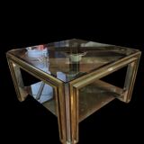 Smoked coffee table, brass, chromed metal, glass, 70s