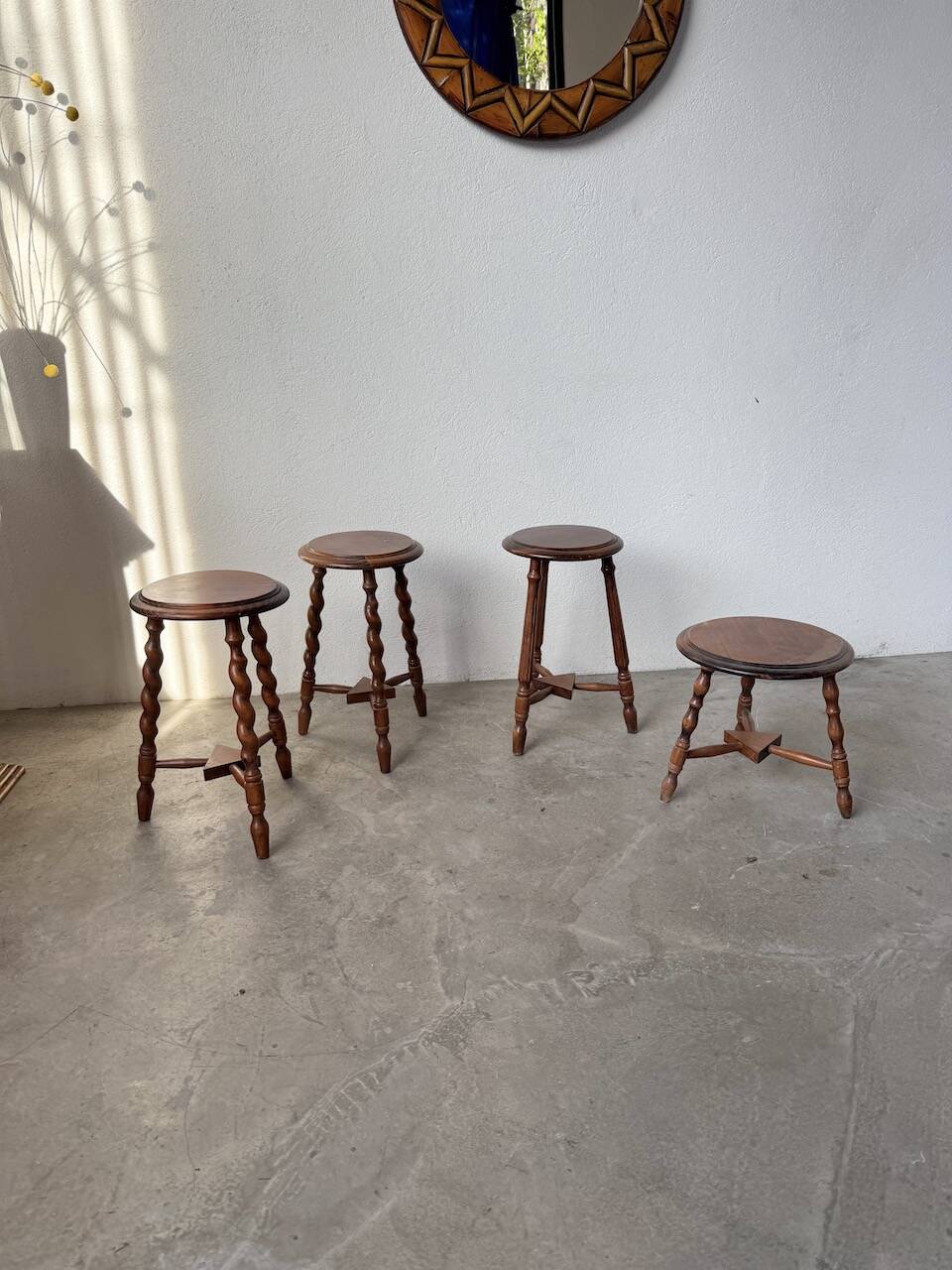 Set of 4 turned oak stools.