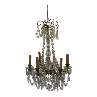 Lustre en bronze et pampilles à 6 bras de lumière