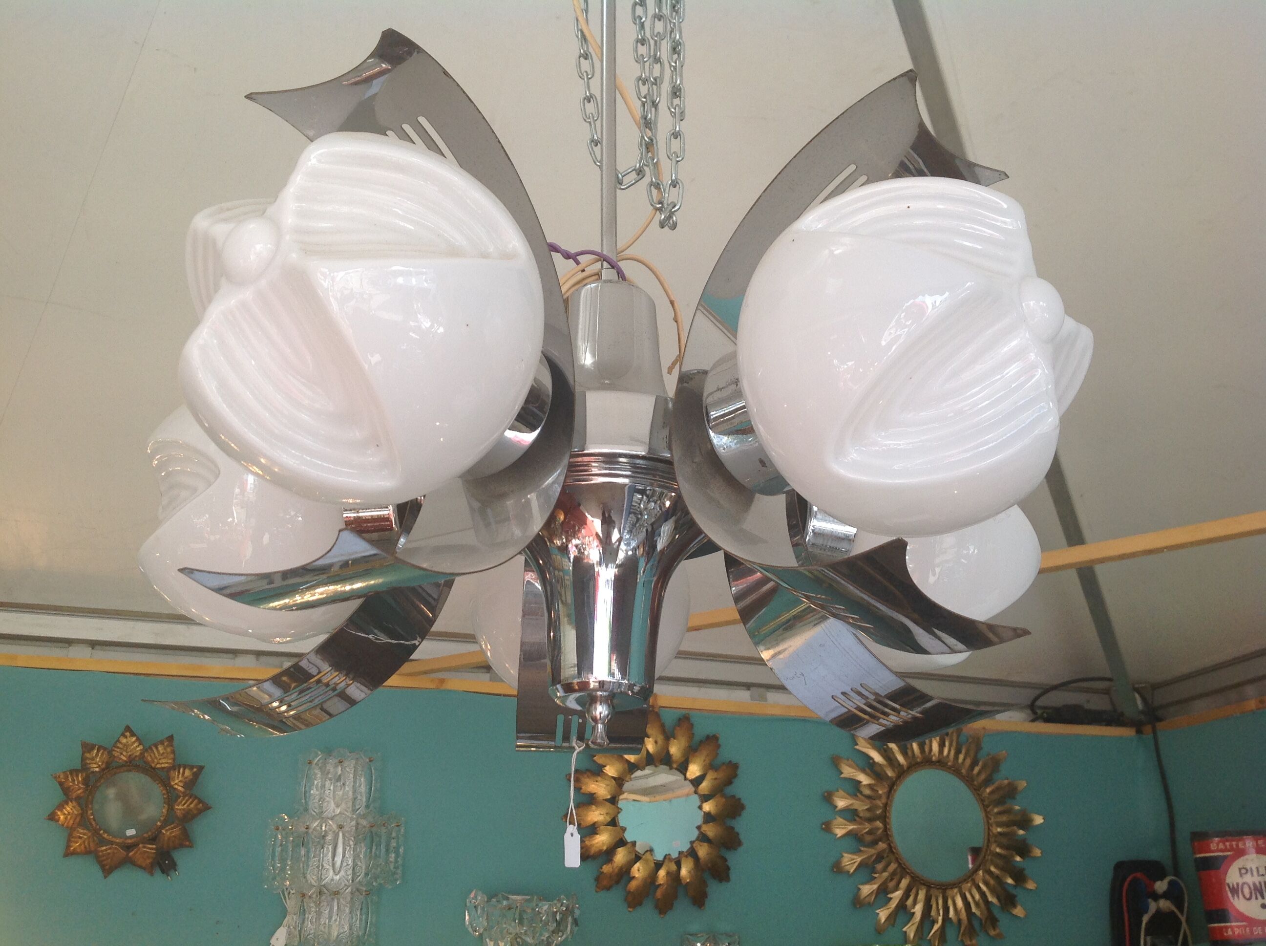 Vintage chandelier in opaline and stainless steel, 70s.
