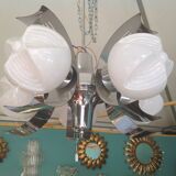 Vintage chandelier in opaline and stainless steel, 70s.
