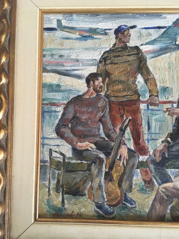 Scène d'intérieur avec guitare à l'aéroport Kiev, USSR, voyage huile 1974
