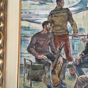 Interior scene with guitar at Kiev airport, USSR, oil travel 1974.