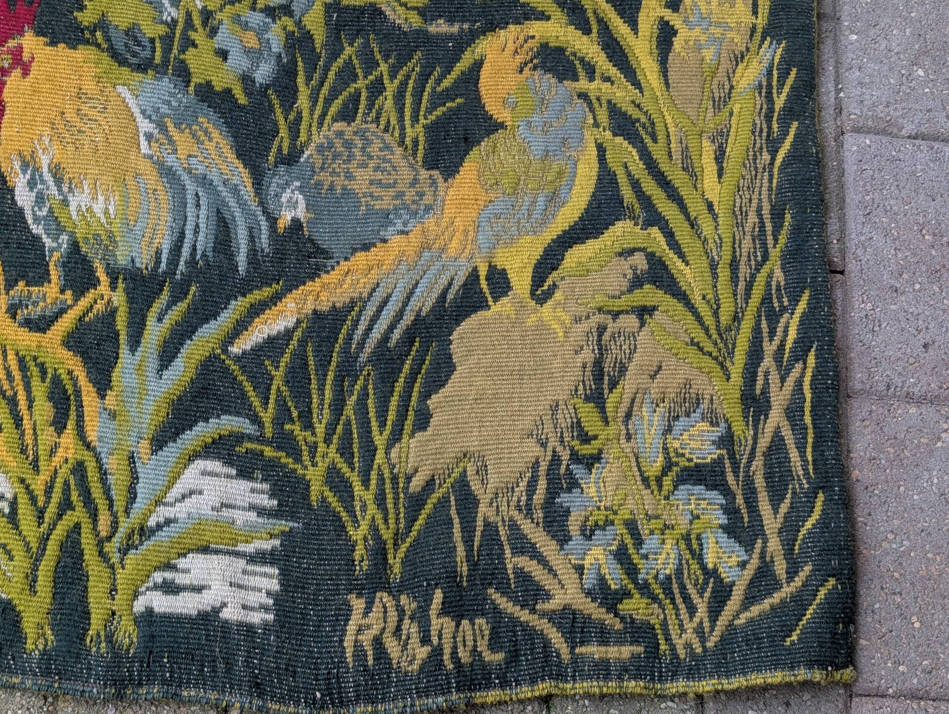 Large Aubusson tapestry "Verdure with birds" signed