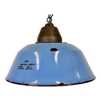 Suspension industrielle en émail bleu et fonte, années 1960