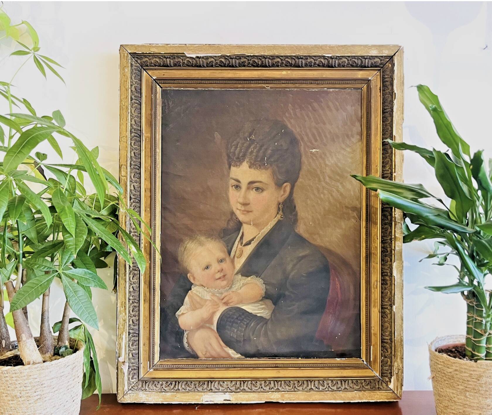 Oil painting on canvas – Portrait of a woman and child, 19th century