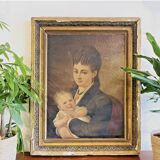 Oil painting on canvas – Portrait of a woman and child, 19th century