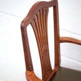 Art Nouveau armchair, wooden armchair with green leather seat, guimard style legs, living room, library