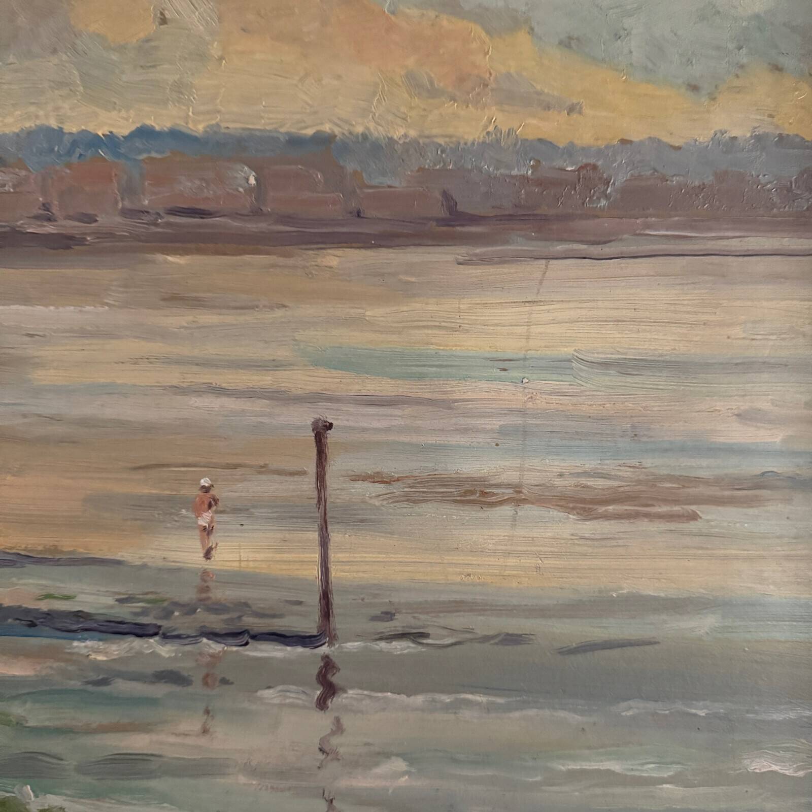 Oil on hardboard beachfront with fishermen on foot 1958 by RP
