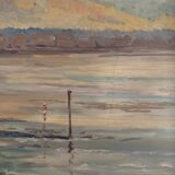 Oil on hardboard beachfront with fishermen on foot 1958 by RP
