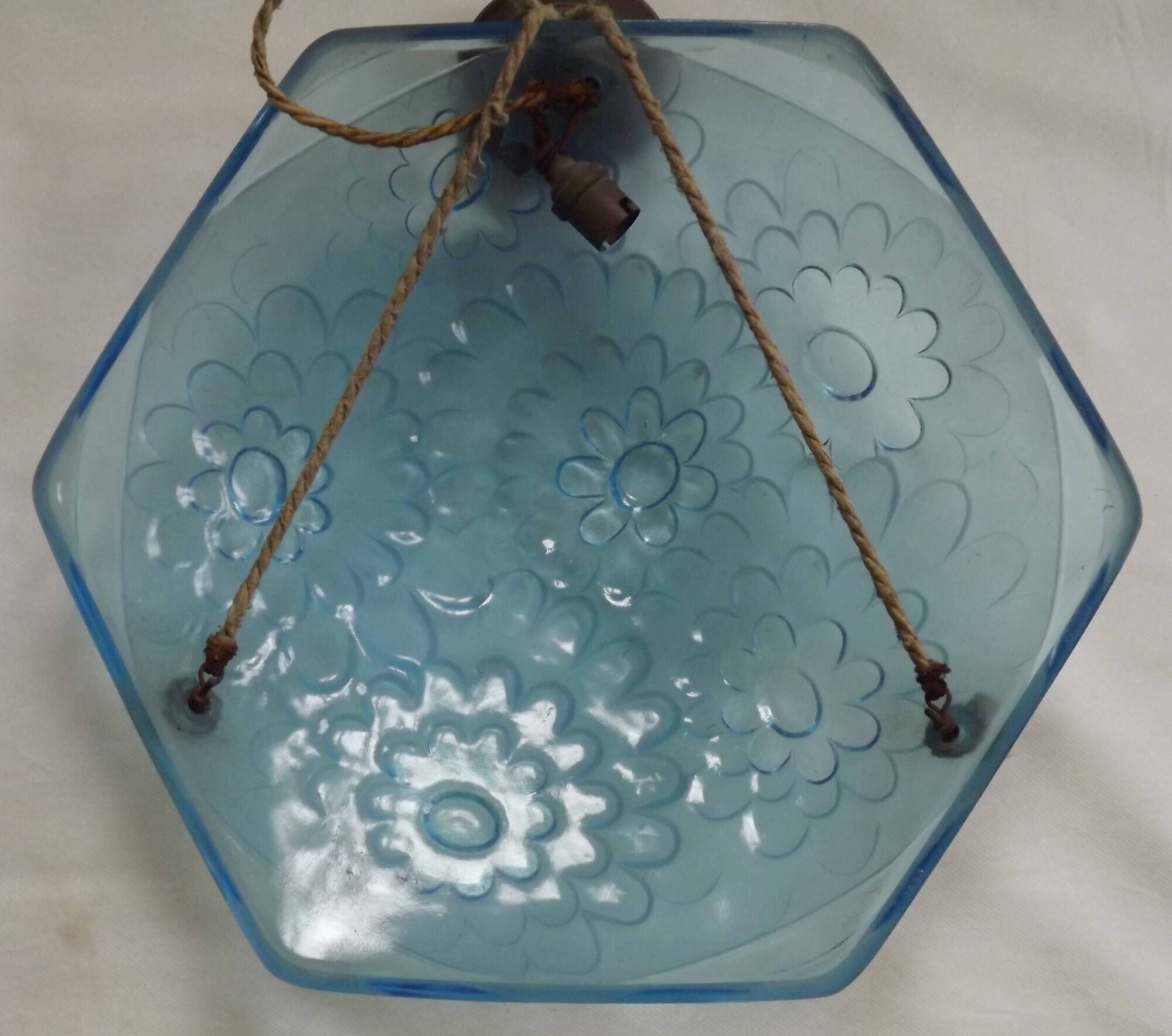 French Art Deco Degué Ice Blue Hexagonal Glass Pendant Ceiling Light