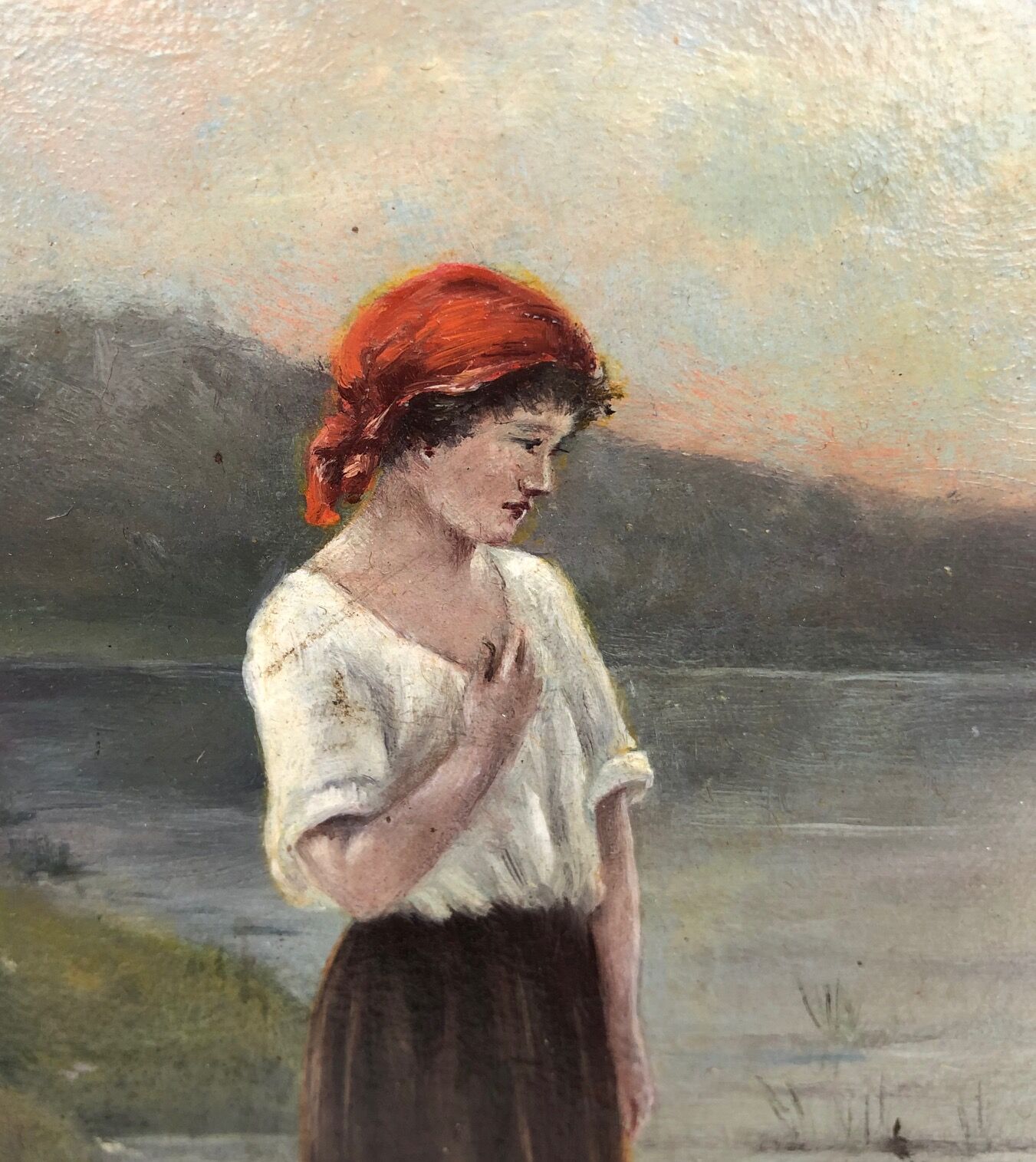 Hule on framed panel, "Dreaming at the water's edge", late 19th century.