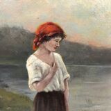 Hule on framed panel, "Dreaming at the water's edge", late 19th century.