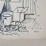 André Duculty (1912-1990) India ink on paper "The unpacking of the second-hand dealer" Signed below