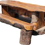 20th Century Folk Art: Brutalist Solid Wood Table with 2 Benches