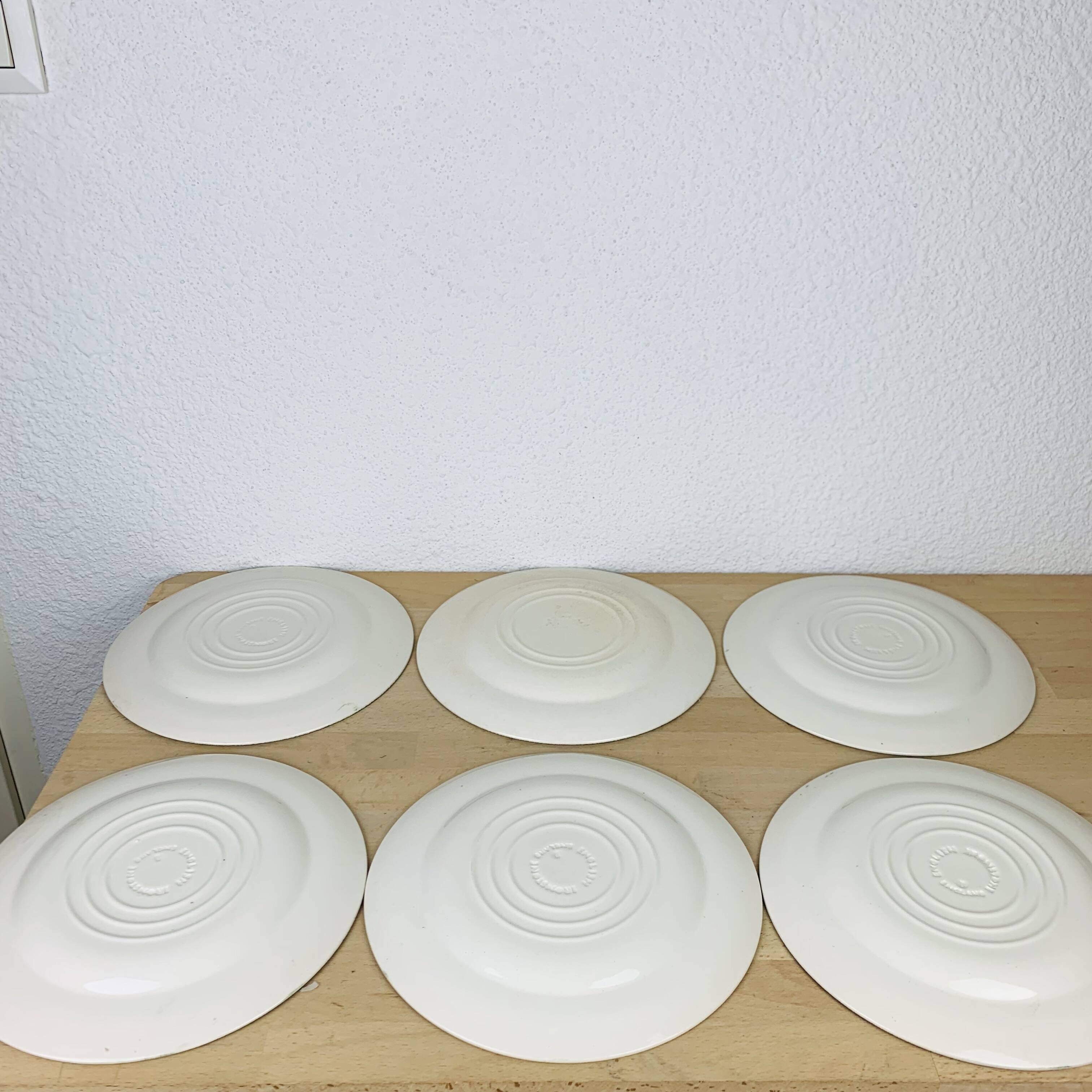 6 green English ironstone plates