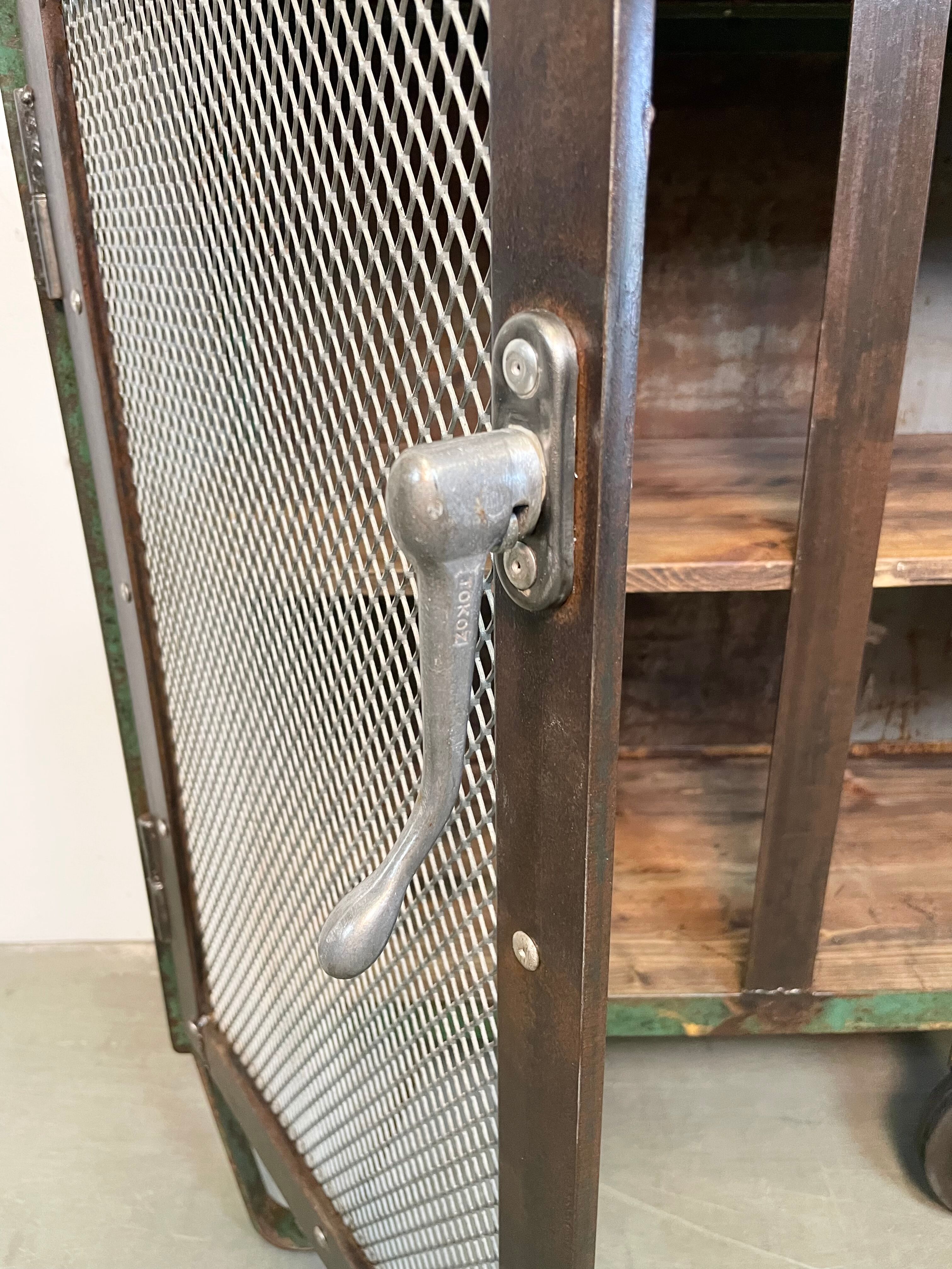 Industrial Iron Cabinet with Mesh Doors on Wheels, 1960s