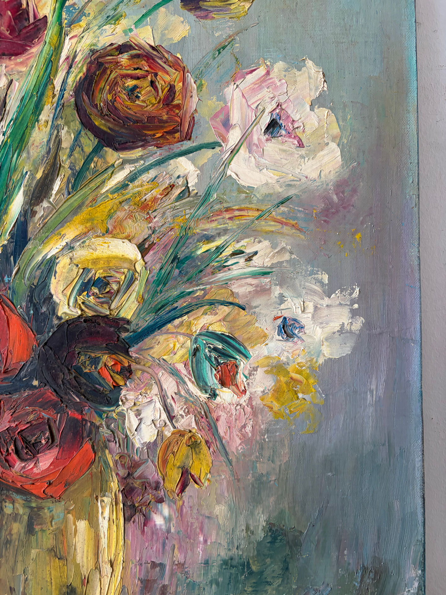 Bouquet, huile au couteau, signée Lallemand
