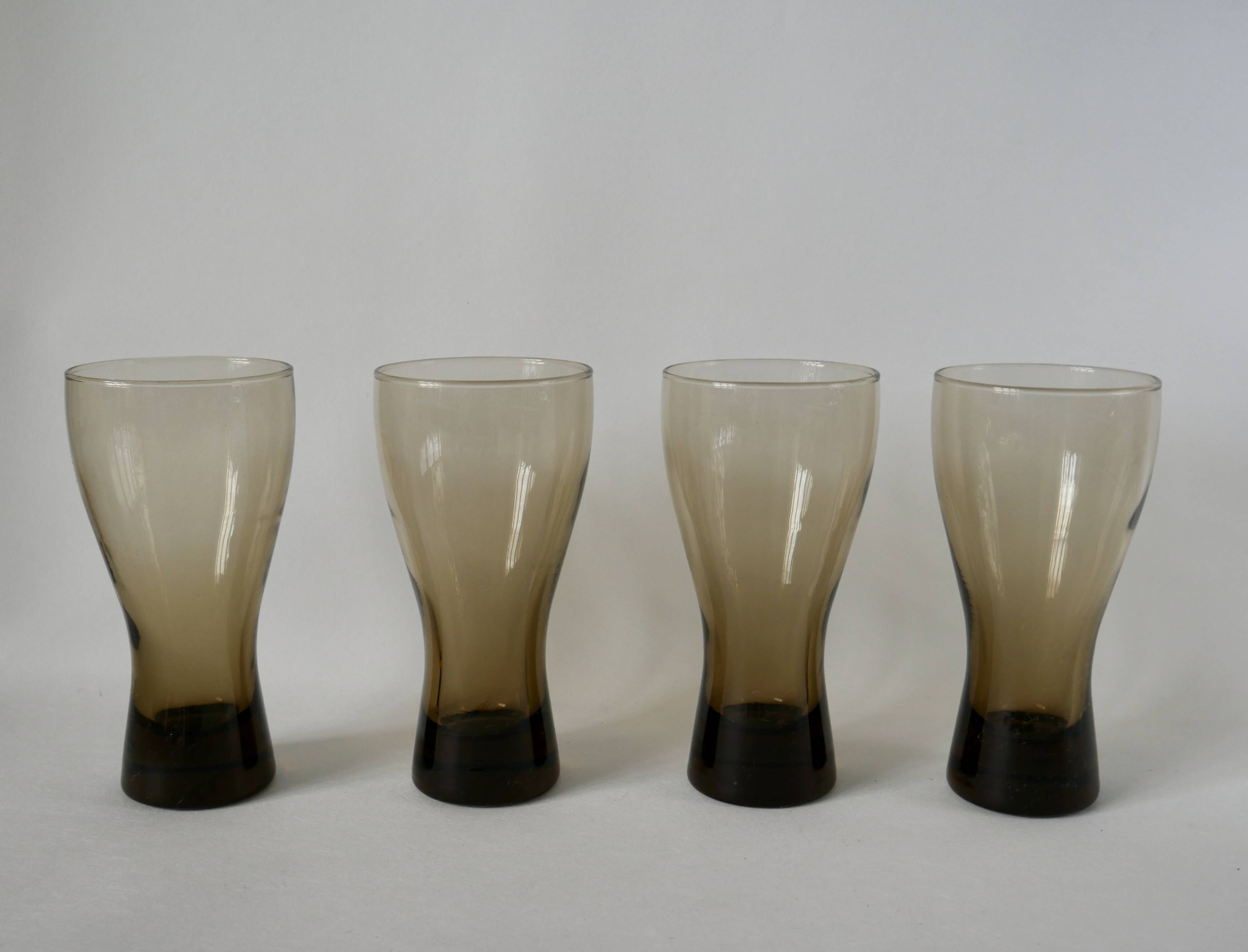 Set of 4 glasses in smoked glass and thick bottom from the 70s