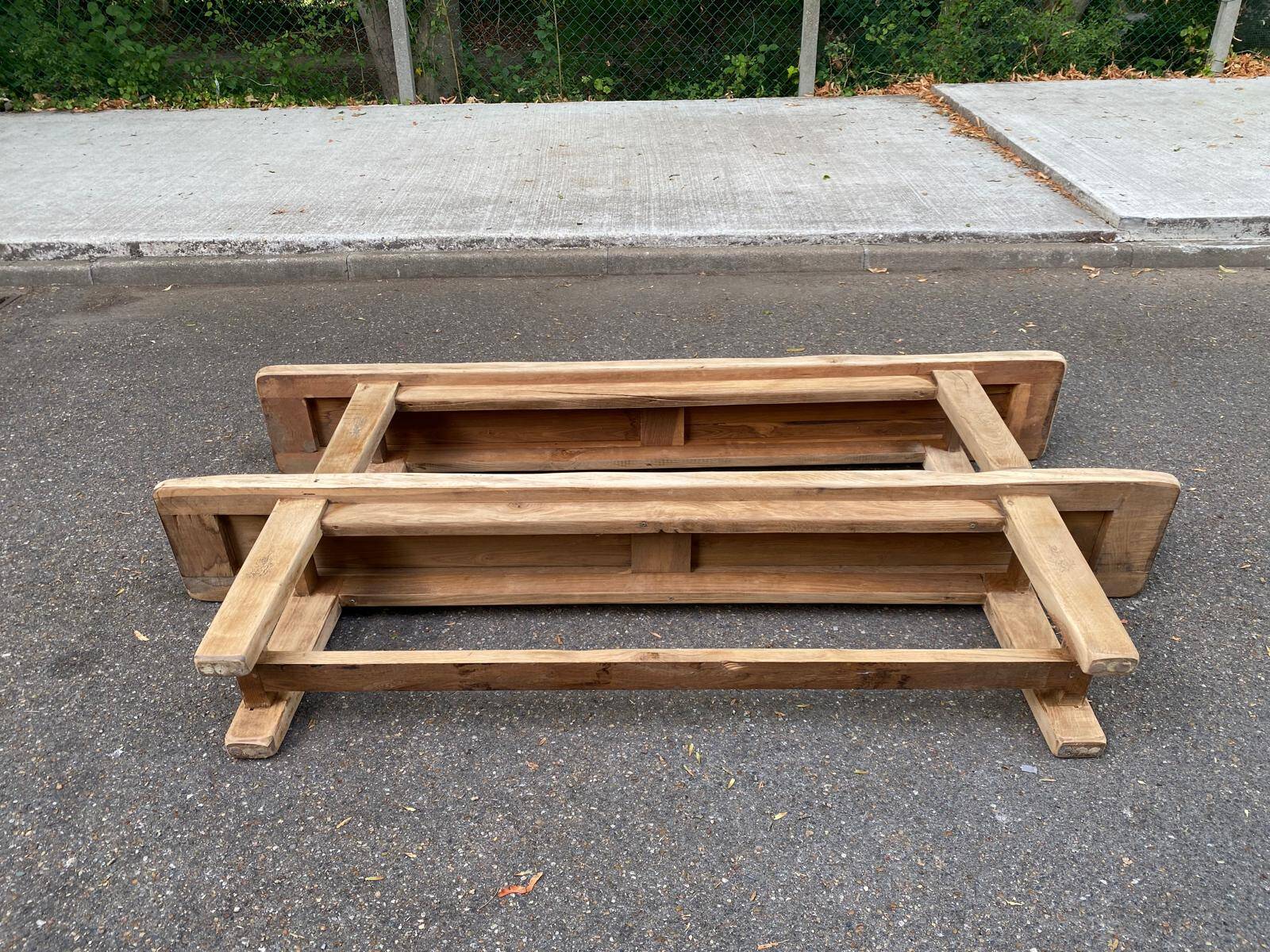 2 stripped farmhouse benches in solid oak 1950 200cm