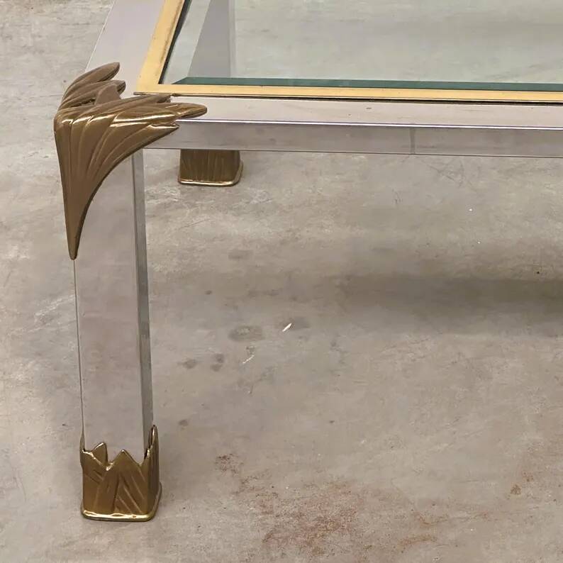 Vintage coffee table in chrome and brass adorned with sculpted leaf details, 1970s