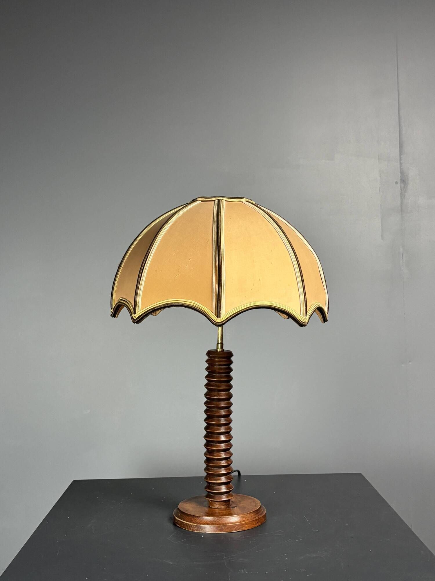 Midcentury brutalist wood turned mushroom table lamp, Charles Dudouyt style