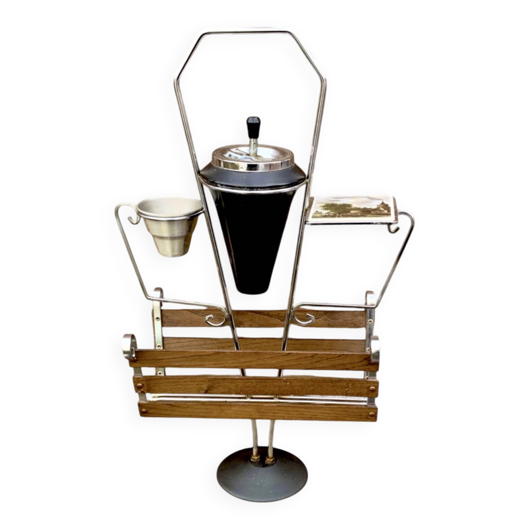 : Multifunctional magazine rack from the 50s-60s in chrome-plated metal and solid wood