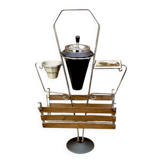 : Multifunctional magazine rack from the 50s-60s in chrome-plated metal and solid wood