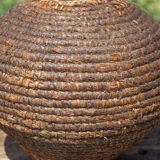 Old basket with lid, burgundy straw and bramble, woven basket, interior decoration