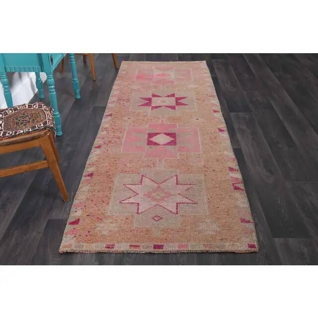 Vintage Turkish Hand-Knotted Wool Cotton Pink Runner Rug 102x300