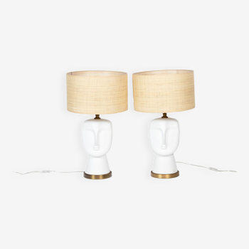 Pair of lamps in white and matt opaline, twentieth century
