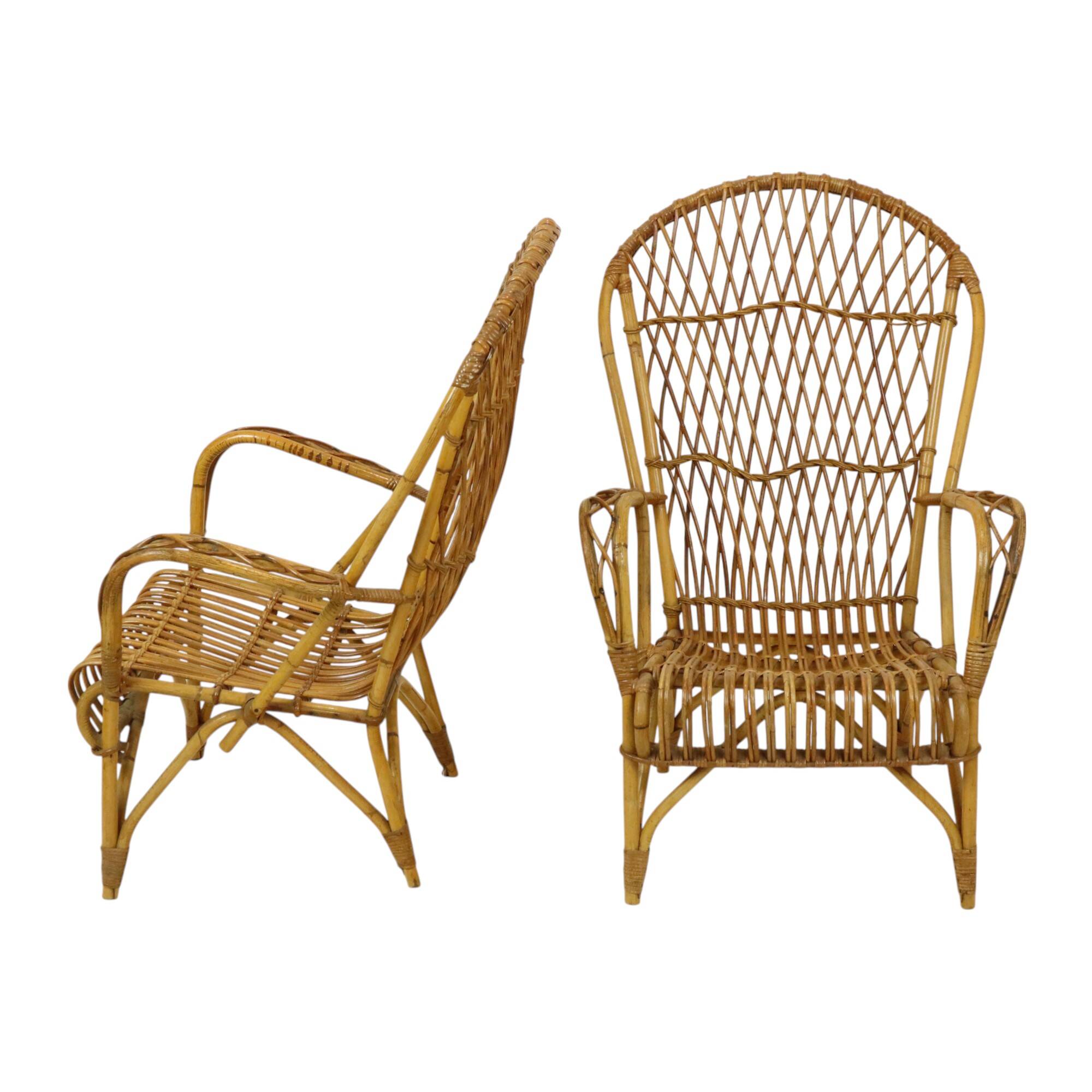 Vintage Set Rattan Chairs Armchairs Table Boho Design Sixties