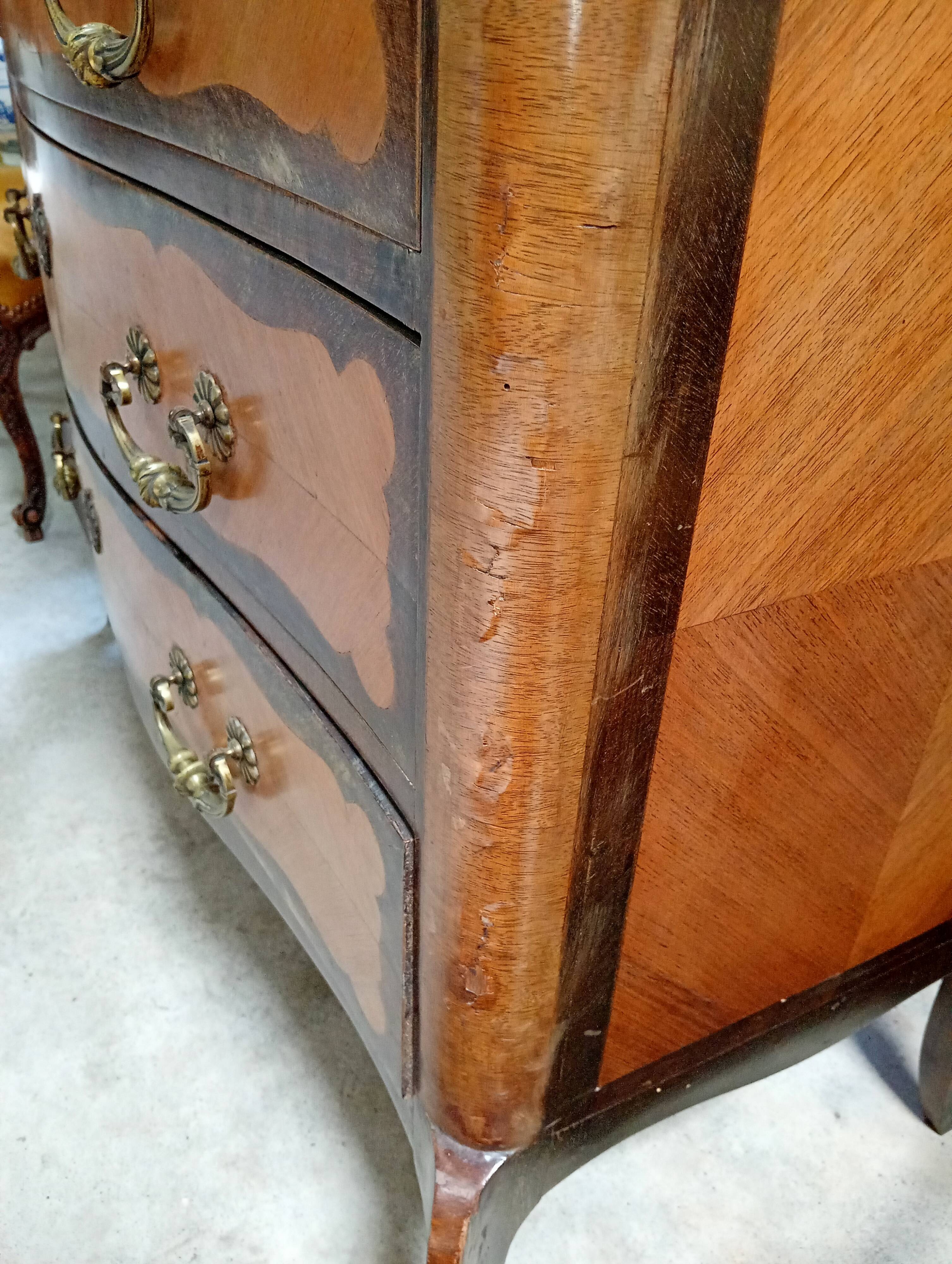 Curved Louis XV commode in marquetry – marble top – 19th century