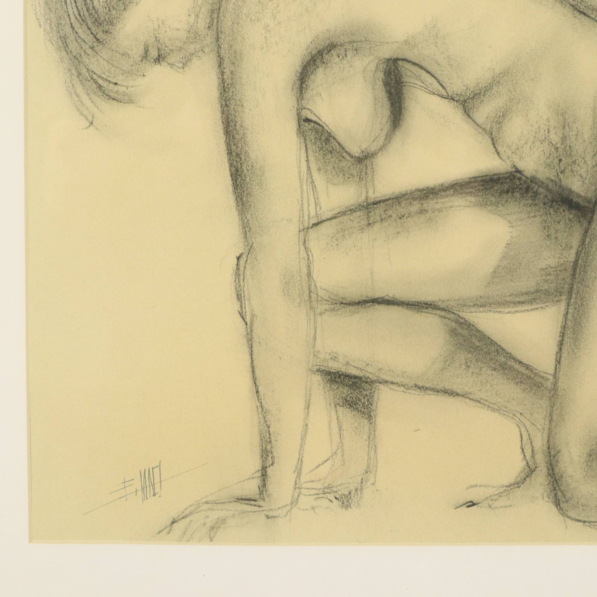 Charcoal Drawing Woman Nude Study Art Framed