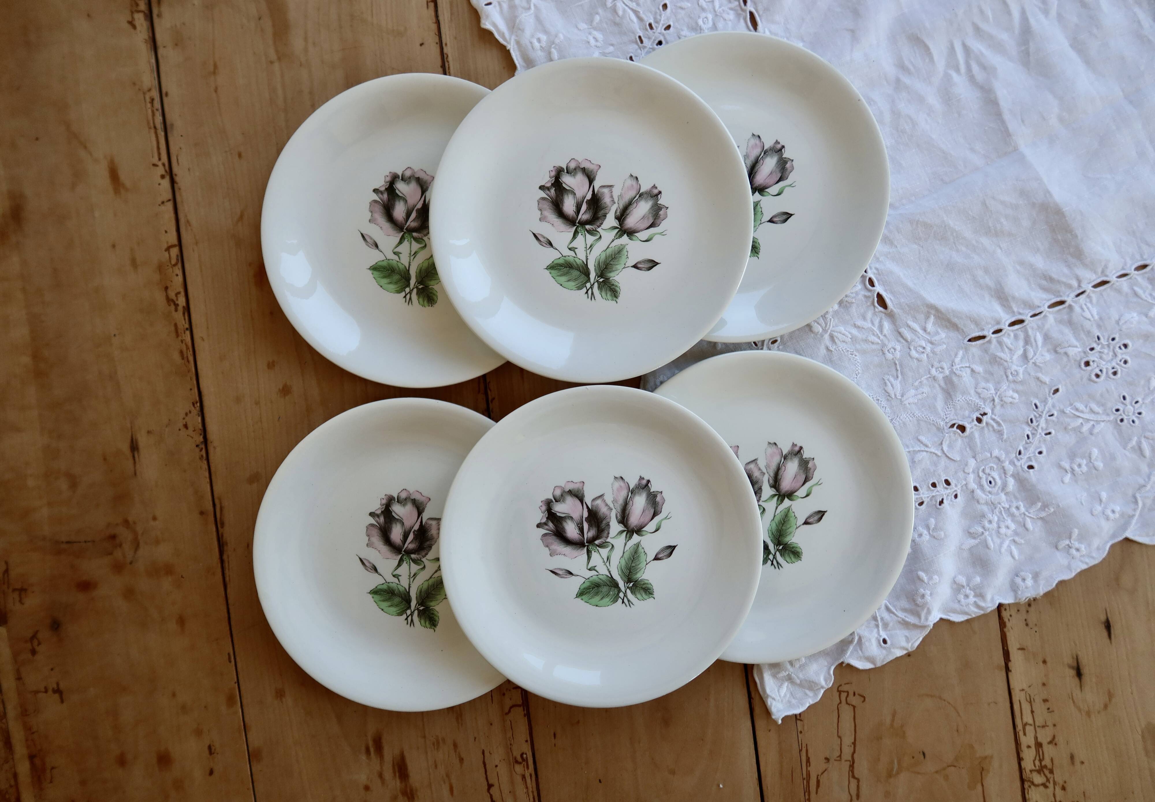 6 vintage porcelain dessert plates Moulins des Loups rose pattern