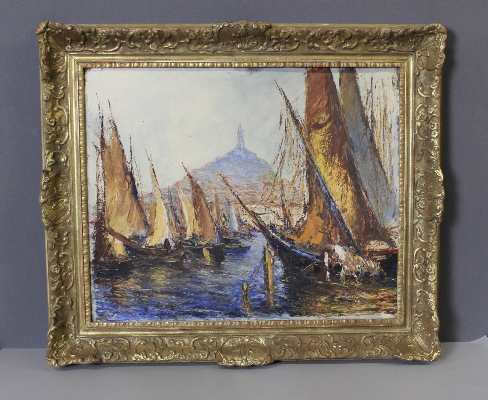Oil on panel "The Port of Marseille" circa 1950