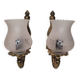 Pair of golden brass and engraved glass wall lights