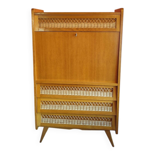 Secrétaire vintage en bois et rotin