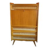 Secrétaire vintage en bois et rotin