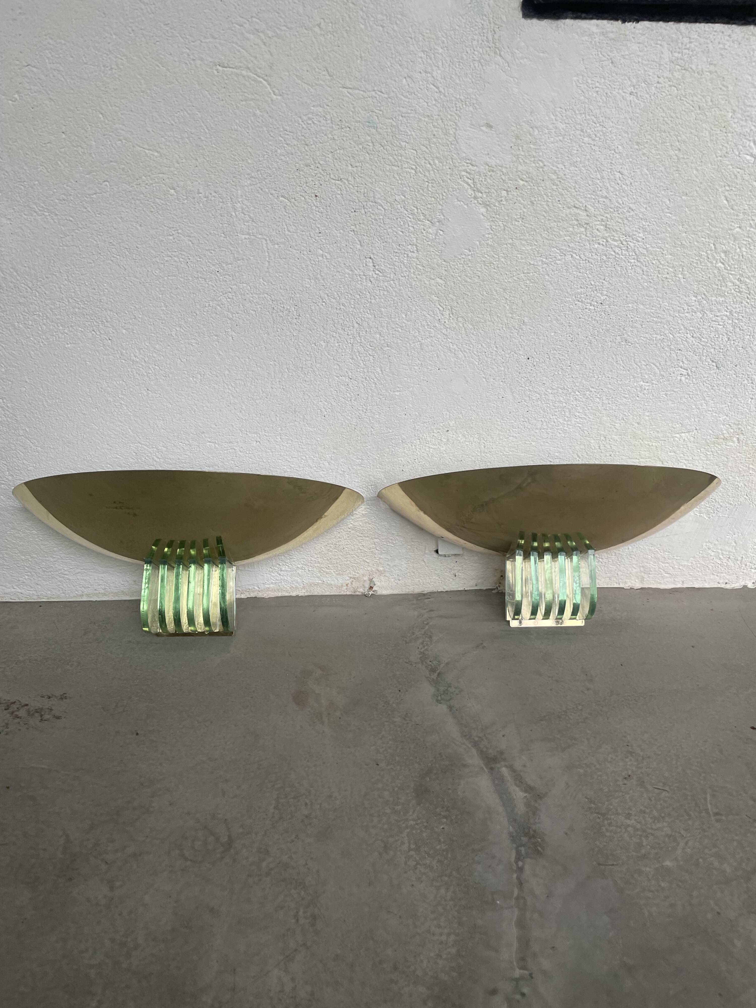 Pair of brass and art deco glass wall lights SCE