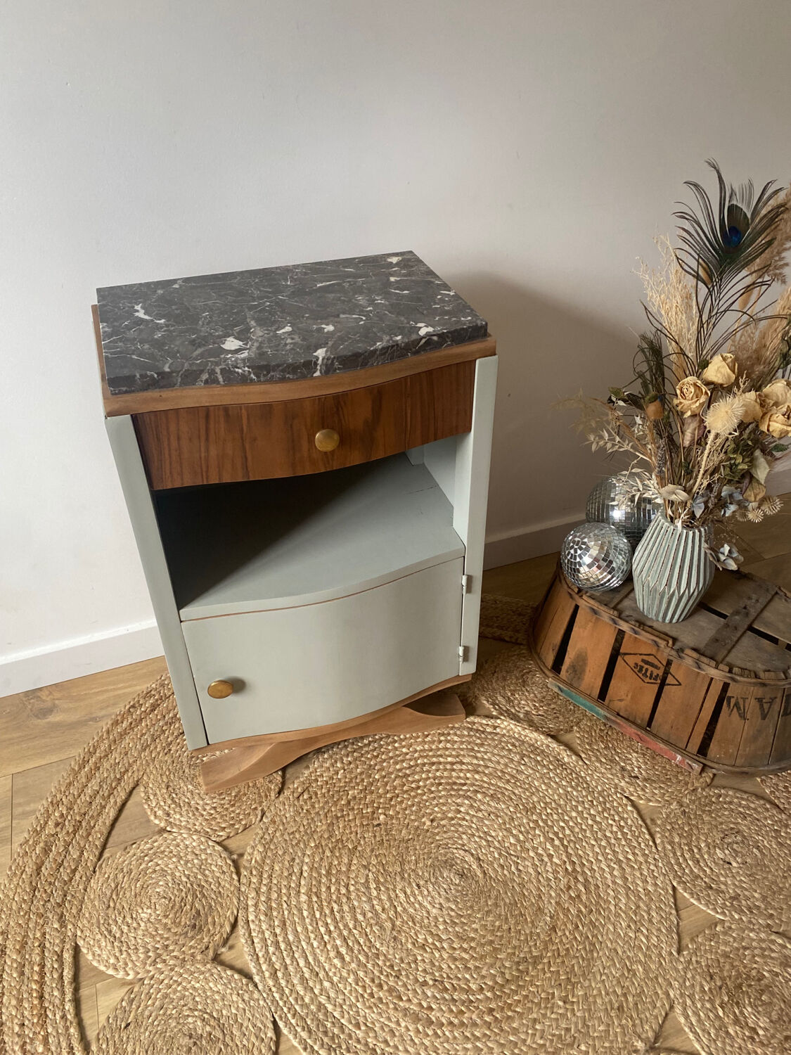 Pair of mismatched art deco bedside tables in green and wood