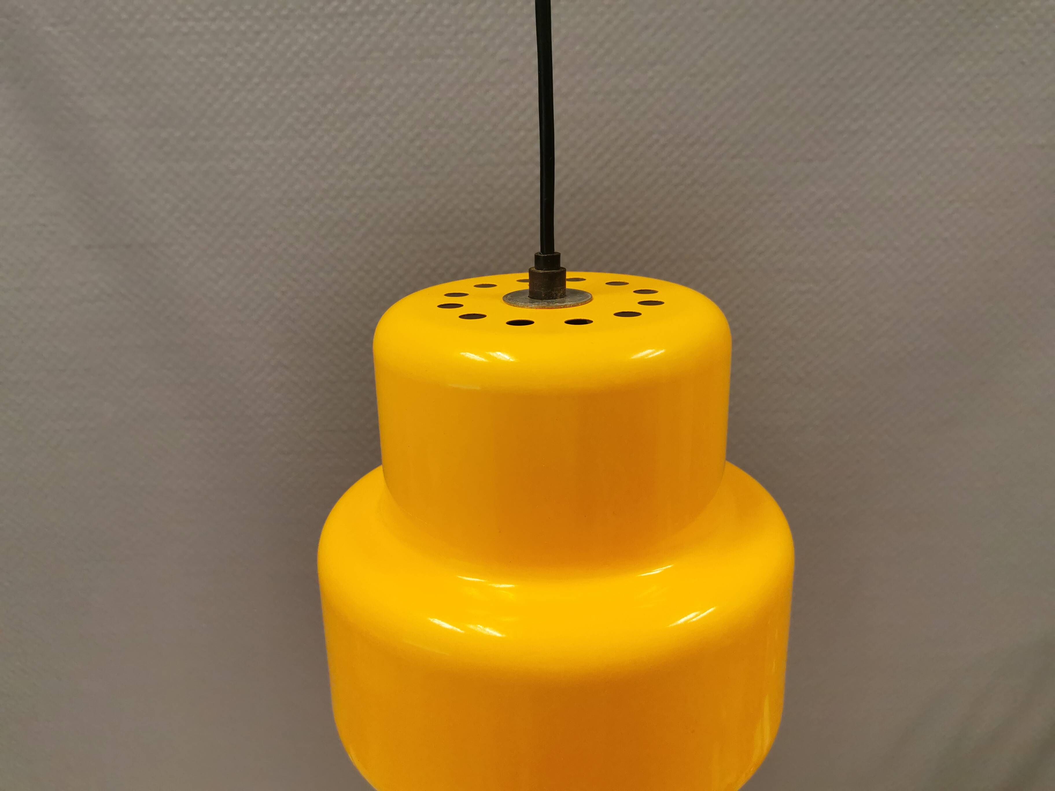 Mini poker hanging lamp in beautiful original sunny yellow color, designed by Jo Hammerborg 1977