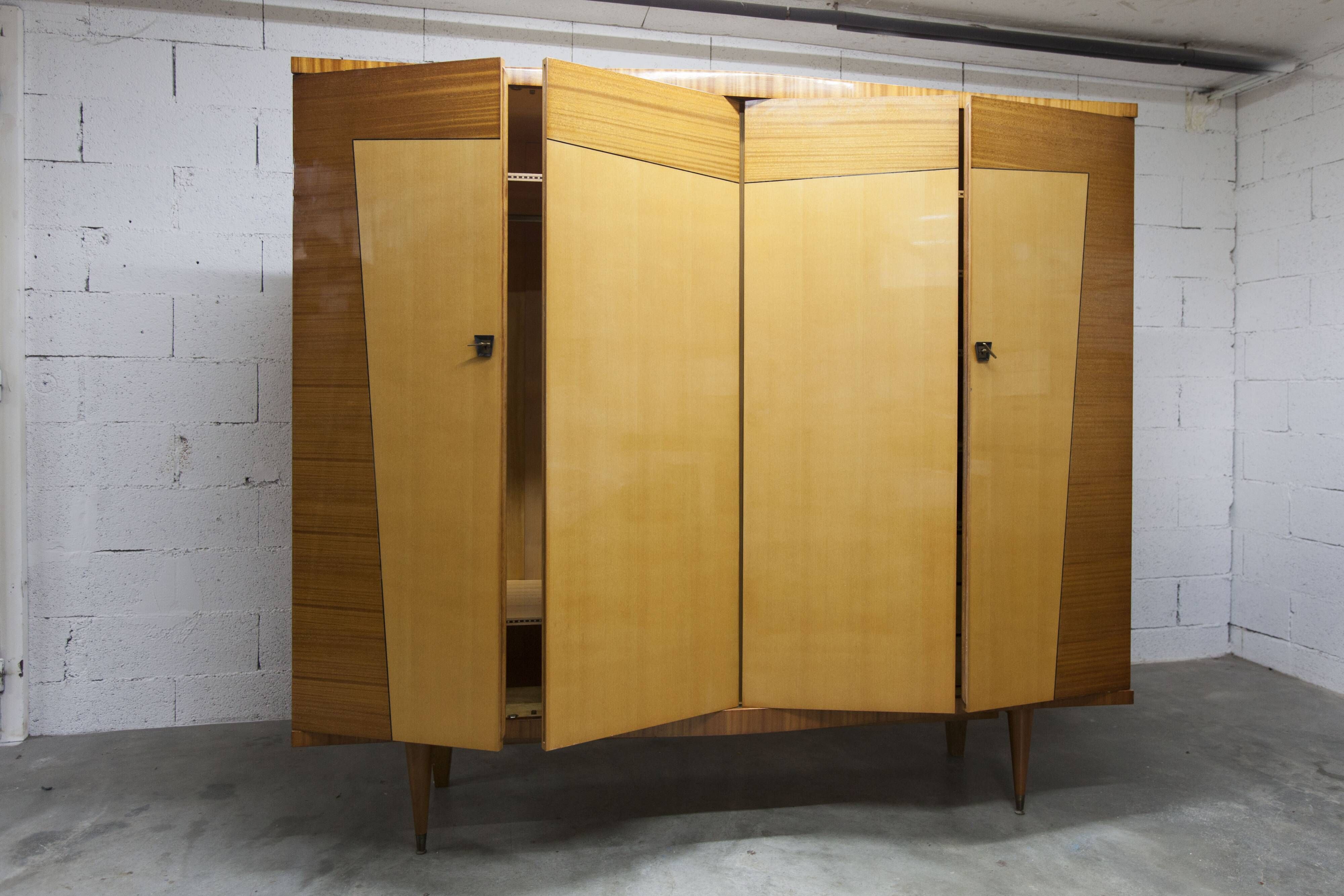 1960 Scandinavian wardrobe, atypical blond wood varnished, 4 doors 3