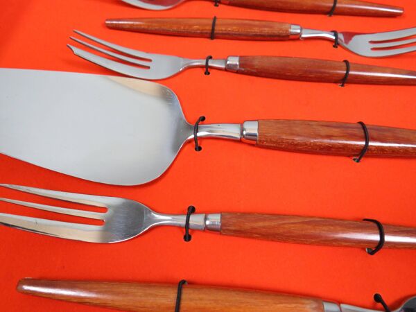 Service à gâteau vintage néerlandais Amefa en acier inoxydable et teck – an