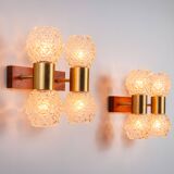Pair of Swedish wall lamps with teak wood, brass and glass cup shade
